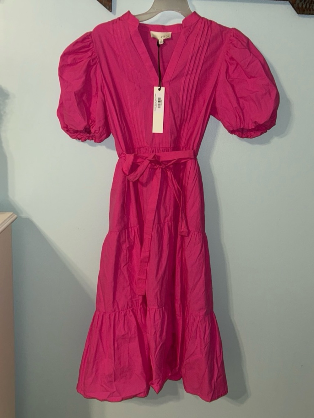 Pinch Hot Pink Puff-Sleeve Midi Dress with Waist Tie